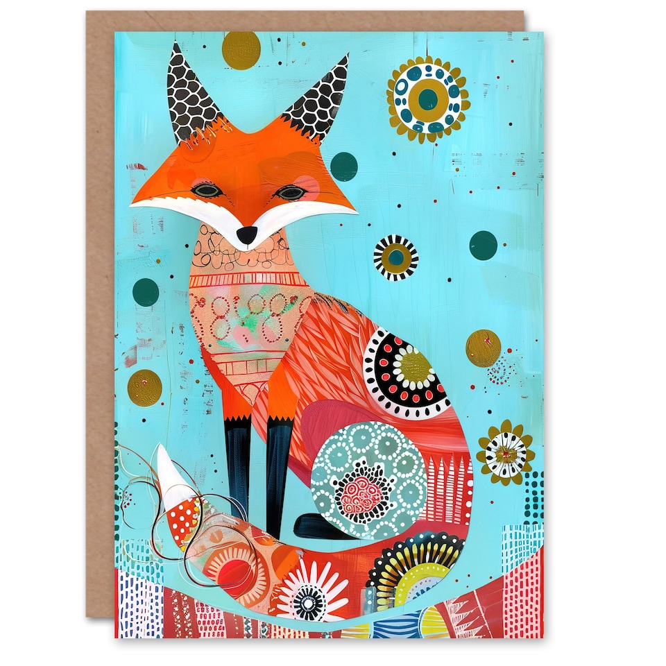 image 1 of Folk Portrait Colourful Fox Pattern Design Him Her Birthday Card