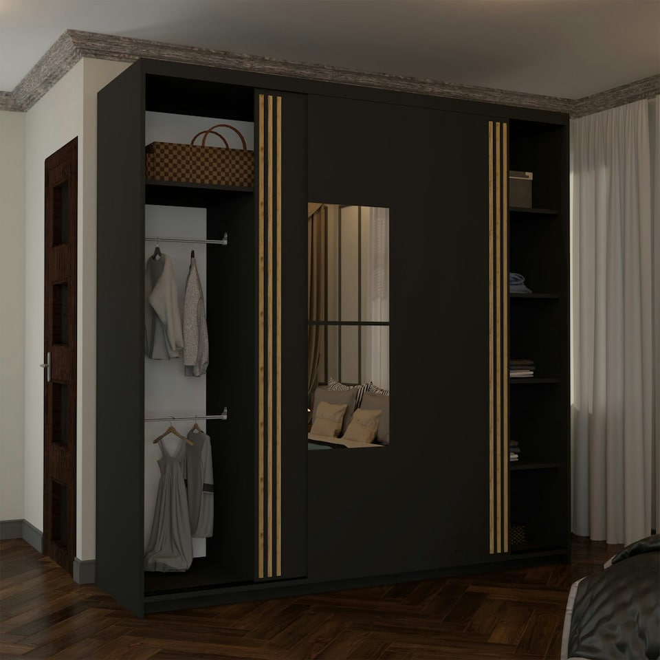 image 1 of Spacious 203cm Sliding Wardrobe with Paneled Mirror Doors & Votan Strip | Adjustable Interior | White, Black, Grey, Oak Black | Black203cm