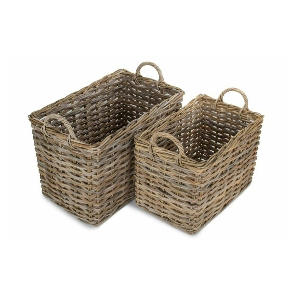 image 1 of Set of 2 Rectangular Grey Rattan Hallway Log Basket