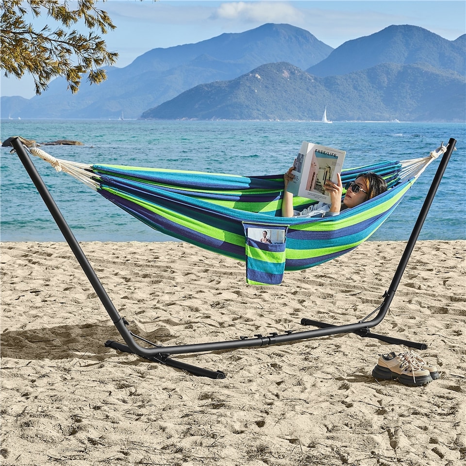image 1 of Yaheetech Outdoor Hammock with Adjustable Steel Stand-Blue Green Stripe