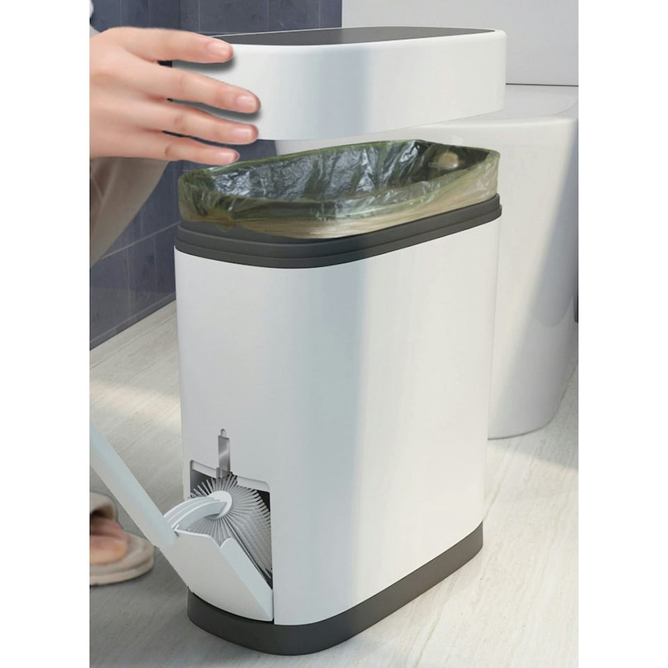 image 1 of Living and Home Slim Plastic Rubbish Bin with Built-in Toilet Brush White