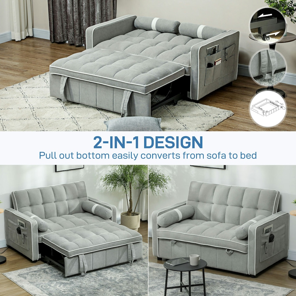 image 1 of HOMCOM 2 Seater Pull Out Sofa Bed with Adjustable Backrest, Light Grey | Multi | Two Seater