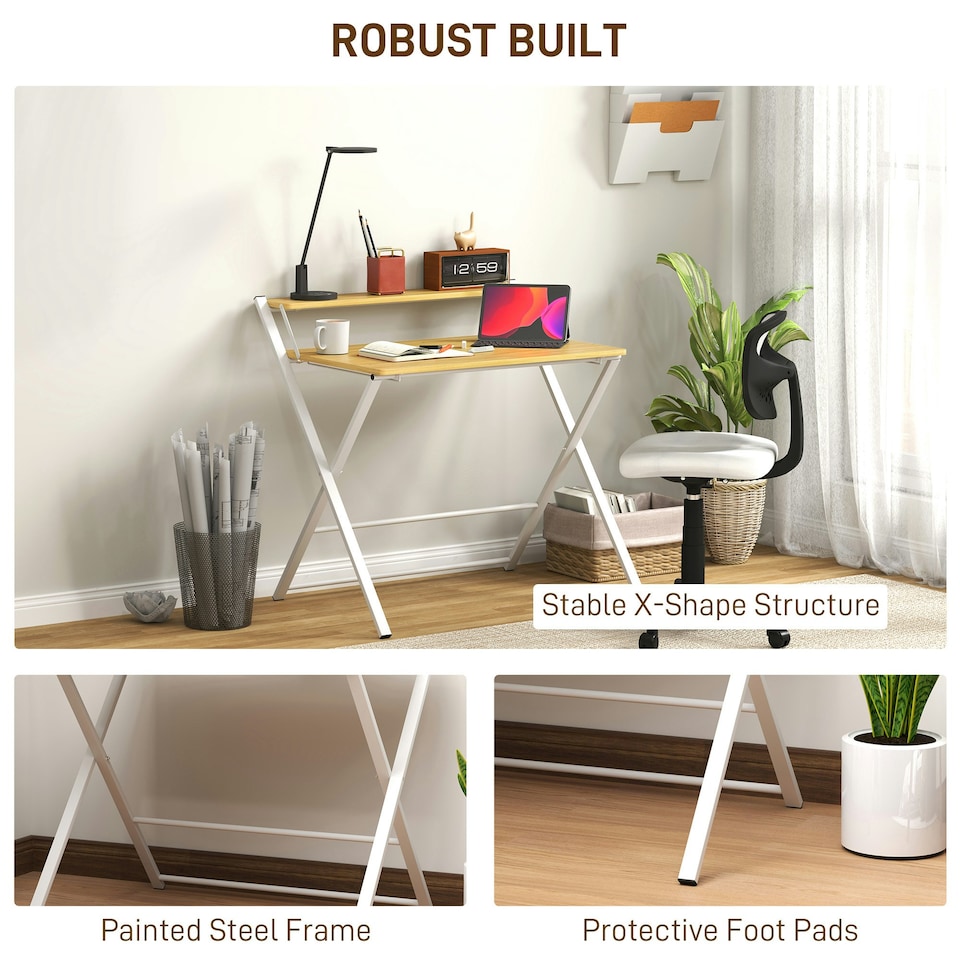 image 1 of HOMCOM Folding Desk with 2-Tier Shelf for Home Office, Maple Wood-effect
