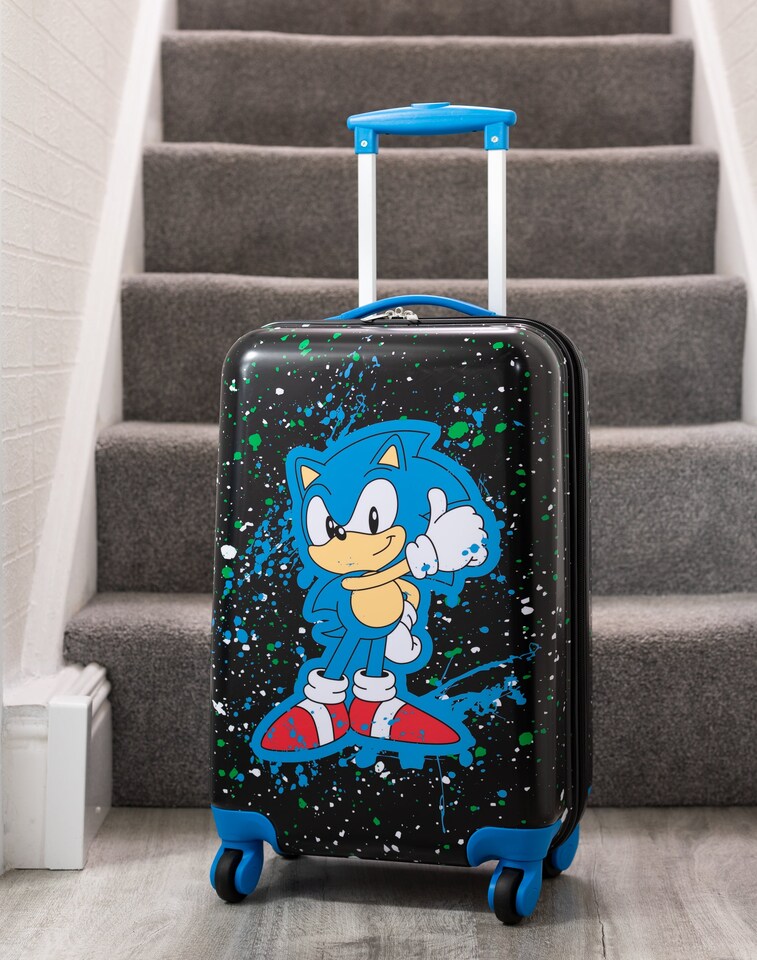 image 1 of Sonic The Hedgehog Kids Suitcase | Black Small Cabin Bag For Boys & Girls | Carry On Trolley with Extendable Handle | Paint Splatter Gaming Fun | Game Movie Travel Accessory for Children & Teens