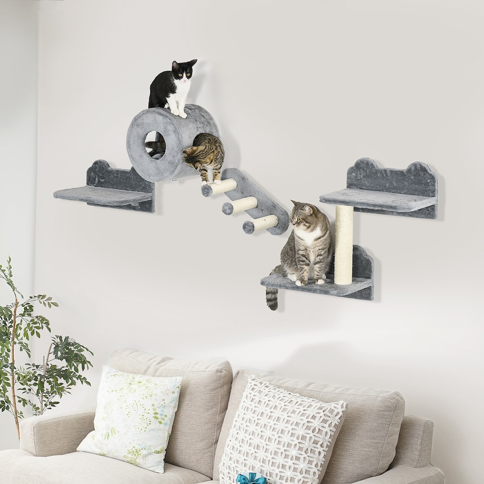 image 1 of PawHut 4PCs Wall Mounted Cat Tree, Cat Wall Furniture with Platforms, Steps, Scratching Post, Perch, Kitty House for Indoor Kittens - Grey