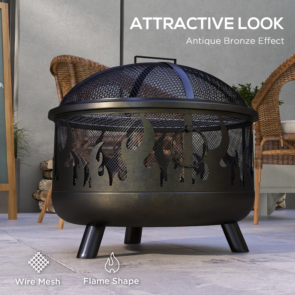 image 1 of Outsunny Metal Firepit Bowl Outdoor 2-In-1 Round Fire Pit with Lid, Grill, Poker, Handles for Garden, Camping, BBQ, Bonfire, Wood Burning Stove, 61.5 x 61.5 x 52cm, Black