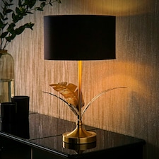 ValueLights Christina Black with Metallic Gold Drum Shade Gold Palm Leaf Table Lamp and Bulb Gold