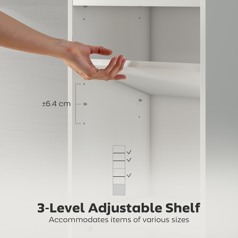 image 1 of HOMCOM Tall Bookcase, 6-Tier Narrow Bookshelf with 3 Adjustable Shelves and Cupboard, Modern Freestanding Shelving Unit for Living Room, Home Office, White