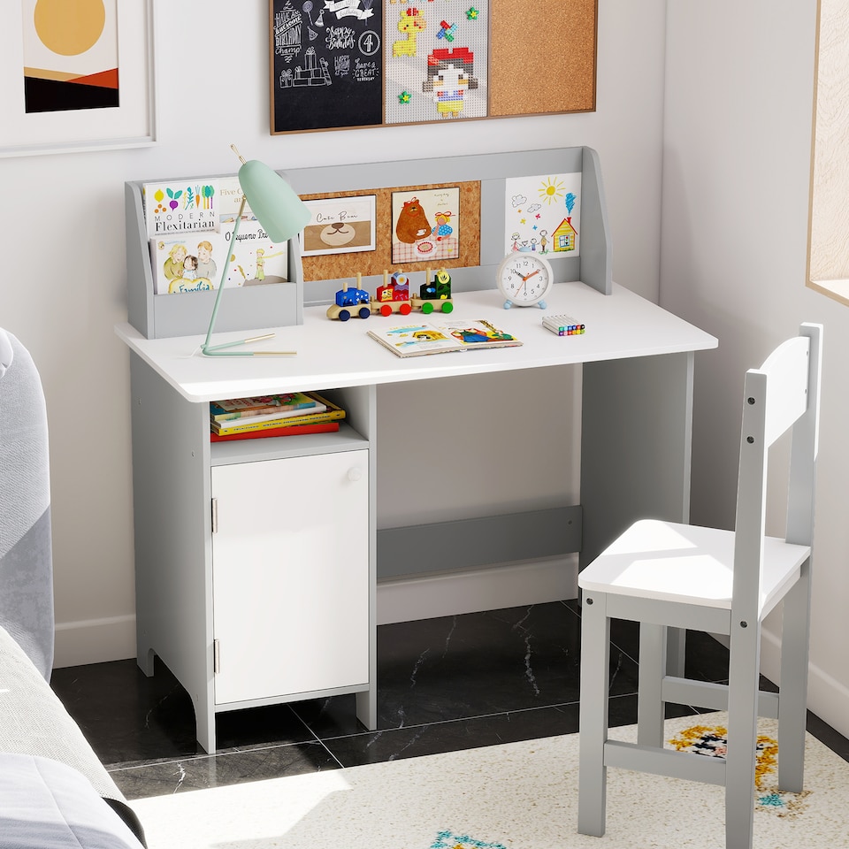 image 1 of COSTWAY Kids Table and Chair Set Children Study Table With  Hutch-Grey