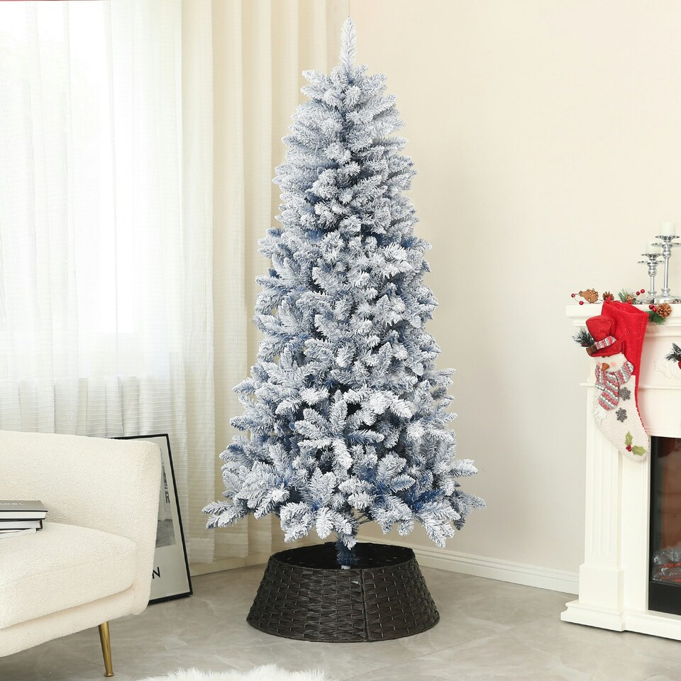 image 1 of HOMCOM 6 Foot Artificial Blue Snow Flocked Christmas Tree with Hinged Branches