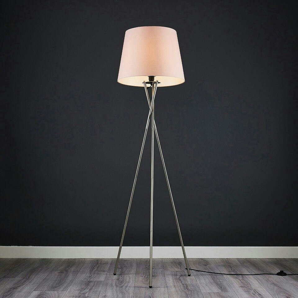 image 1 of ValueLights Camden Brushed Chrome Tripod Floor Lamp & Pink Taper Shade & Bulb | Pink