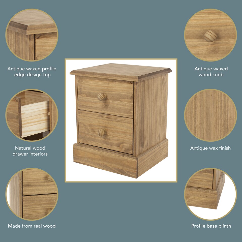 image 1 of Cotswold 2 Drawer Bedside Cabinet - Antique Waxed Pine, Traditional Rustic Country Design | Brown | Antique Waxed Pine | One Size | 1