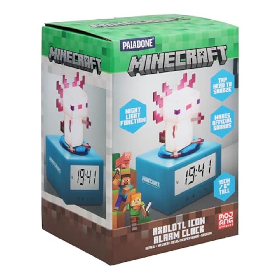 image 1 of Minecraft Axolotl Digital Alarm Clock with Night Light, Gaming Decor Gift for Kids Teens, Official Licensed, Paladone