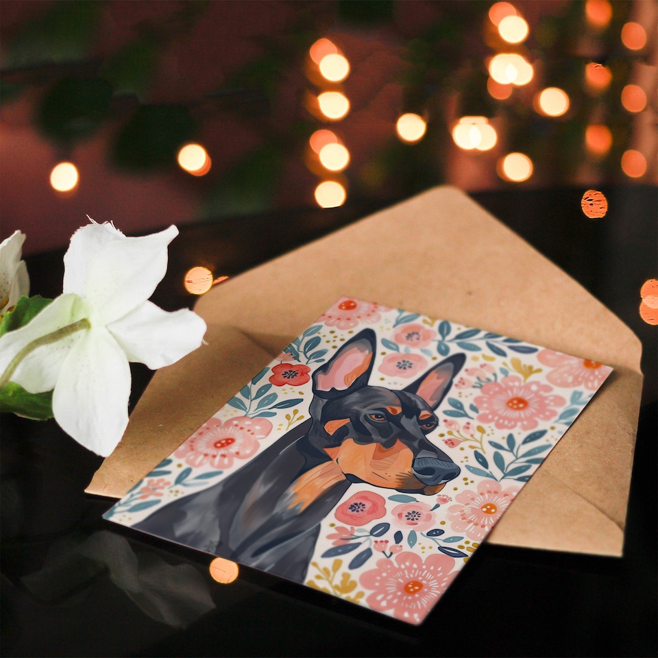 image 1 of Greeting Card Dog Lover Doberman Portrait Pink Floral Folk Art