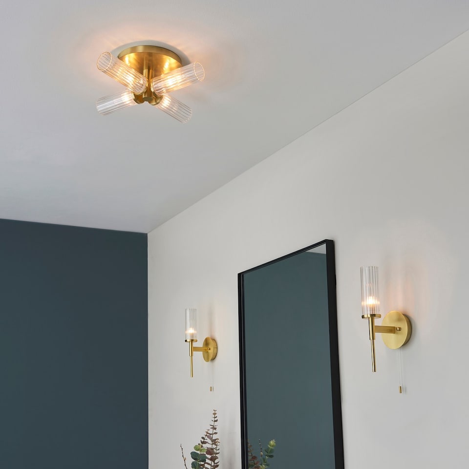 image 1 of Talo Bathroom Multi Arm Glass Semi Flush Ceiling Lamp, Satin Brass Plate, Ribbed Glass, IP44