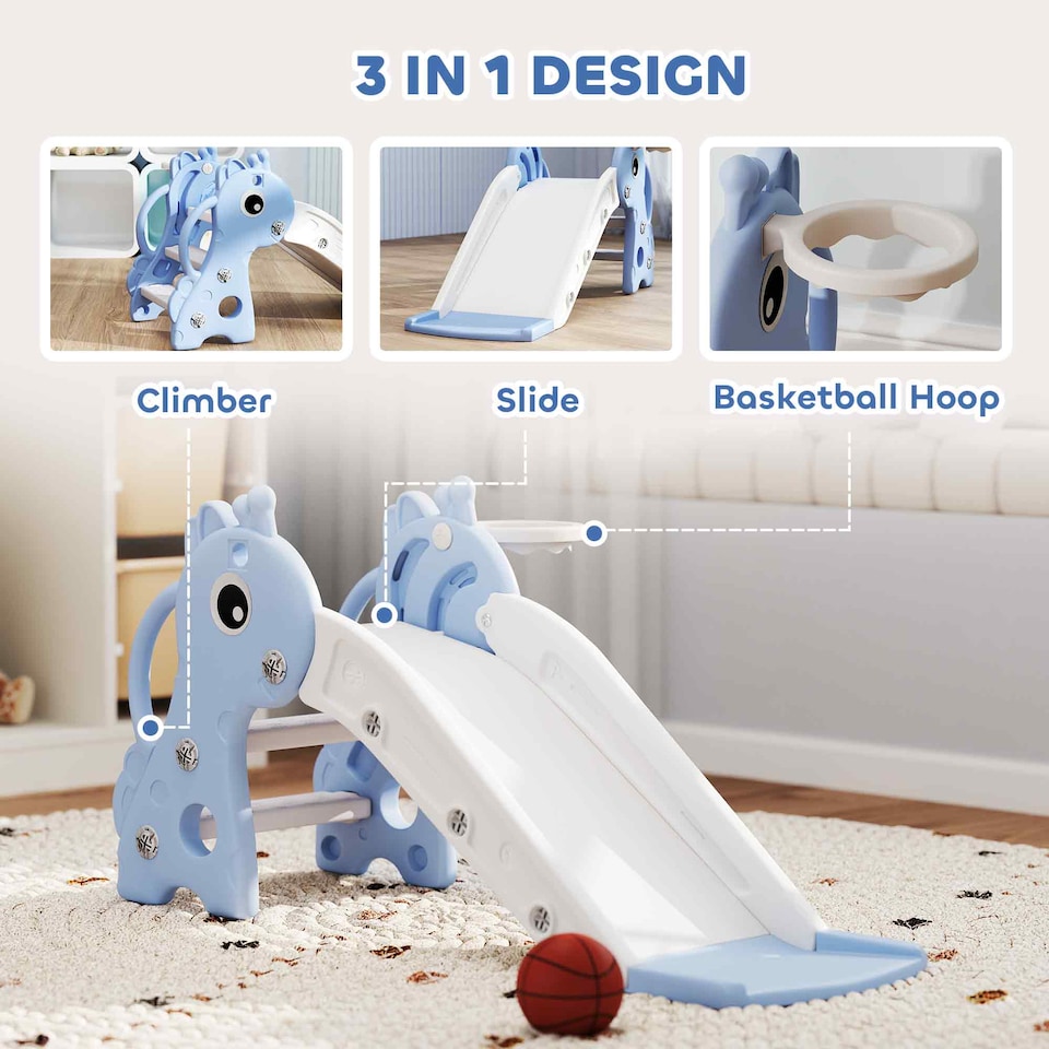 image 1 of AIYAPLAY 3 in 1 Kids Slide with Climber, Basketball Hoop and Ball, Blue