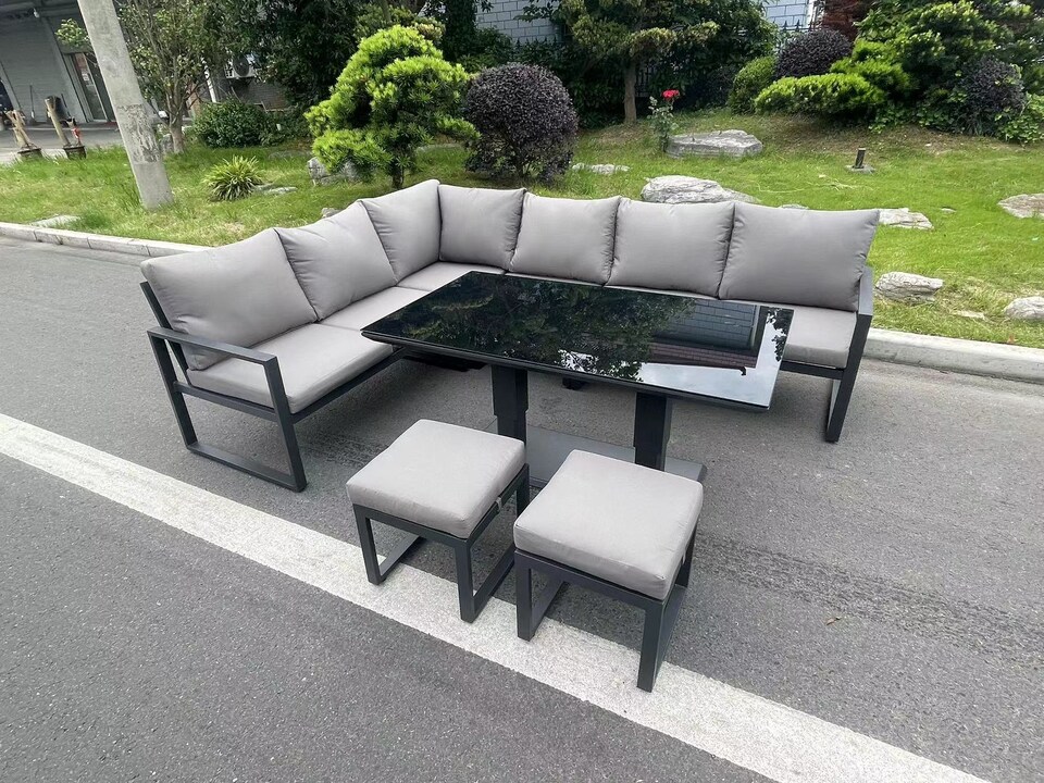 image 1 of Fimous Aluminum Outdoor Garden Furniture Corner Sofa Adjustable Rising Lifting Table Sets Dark Grey Black Tempered Glass 8 Seater