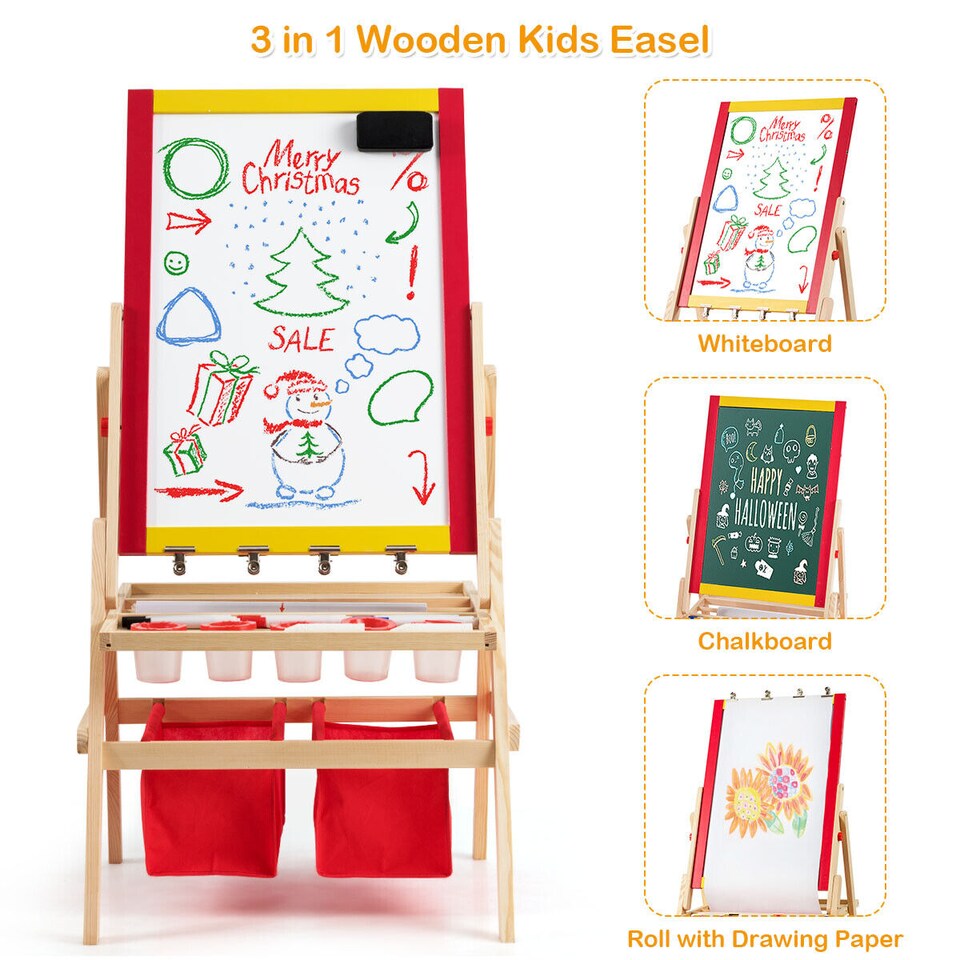 image 1 of COSTWAY 3-in-1 Wooden Kids Art Easel Magnetic Double Sided Easel Blackboard Whiteboard