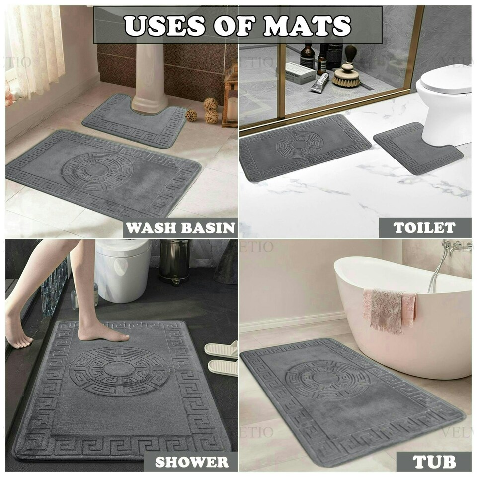 image 1 of VELVETIO Bath Mat Set Greek Pattern Anti Slip Memory Foam Toilet Rug Blue | Aqua