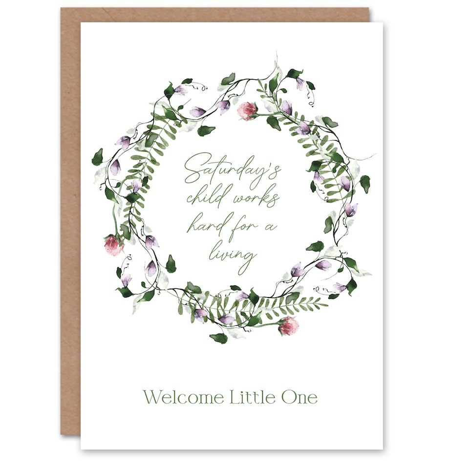 image 1 of Saturday's Child Works Hard Floral Wreath New Baby Card