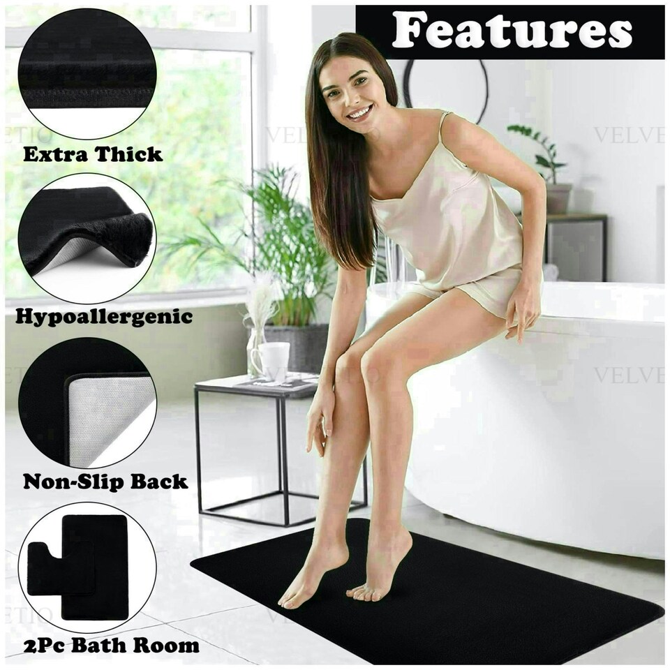 image 1 of VELVETIO Faux Fur Bath Mat Set Shaggy Super Soft Plush Anti Slip PVC Back Black