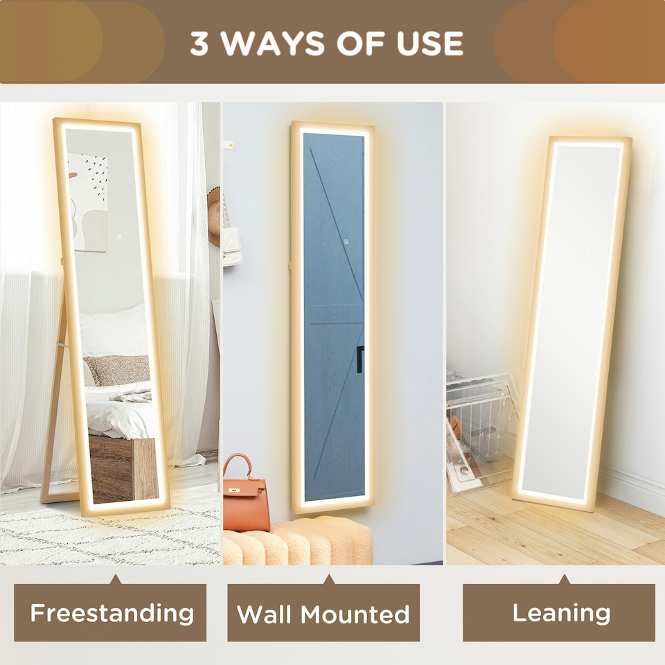 image 1 of HOMCOM Dimming Full Length Mirror w/ Lights Standing Leaning Wall Mount Oak