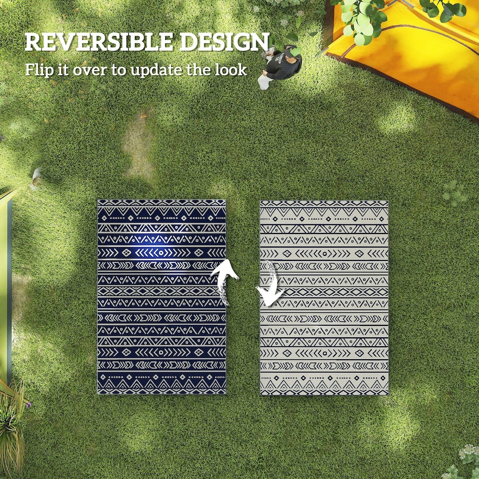 image 1 of Outsunny 1.8 x 2.7m Reversible Outdoor RV Rug, Geometric, Blue and White Blue | Blue and White Geometric