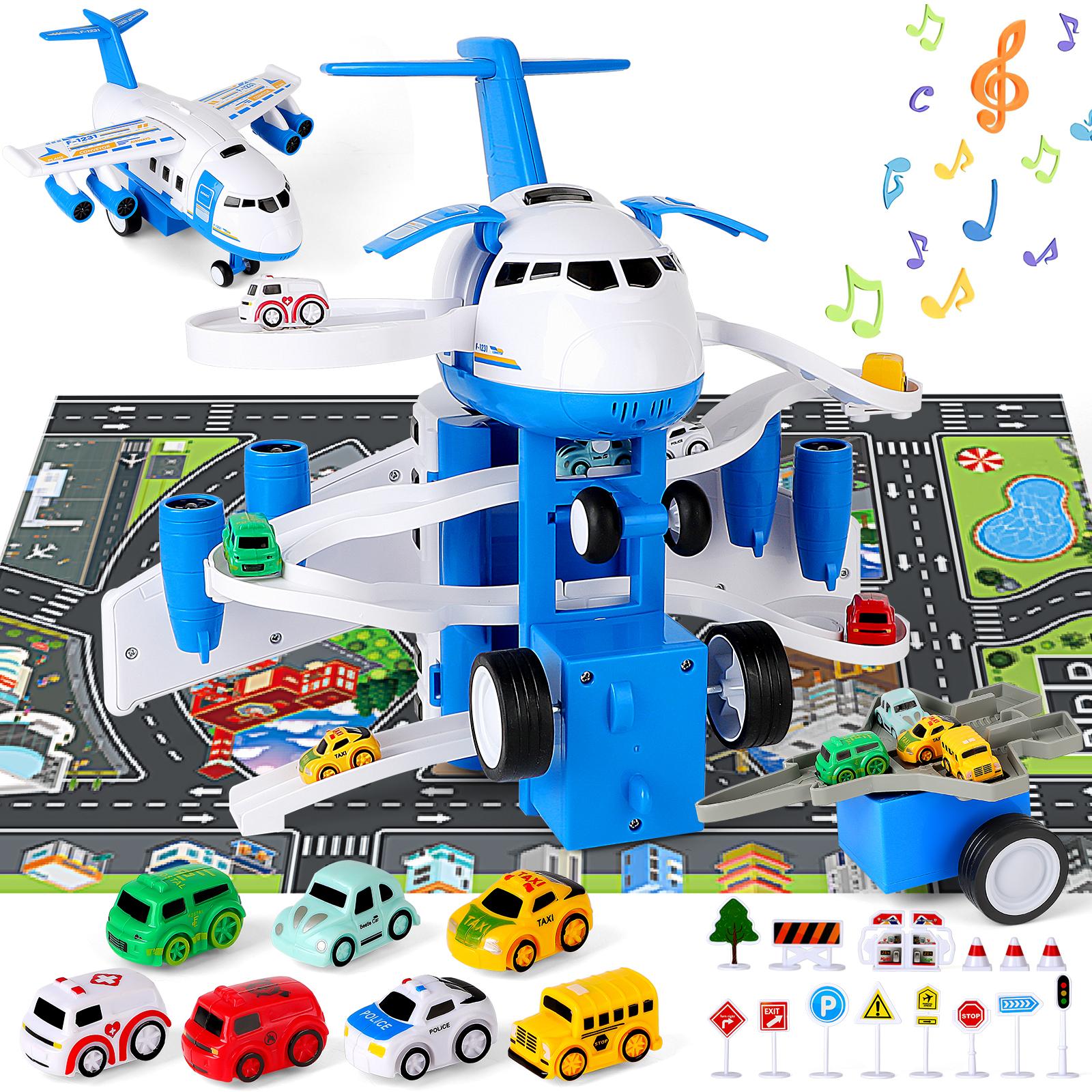 Cargo Plane Transport Toy Set - Transformable Airplane with Ramp, Parking Garage, Repair Station, 6 Mini Cars & Helicopter - Educational Vehicle Playset for Kids Ages 3+, Perfect Boy Birthday & Christmas Gift