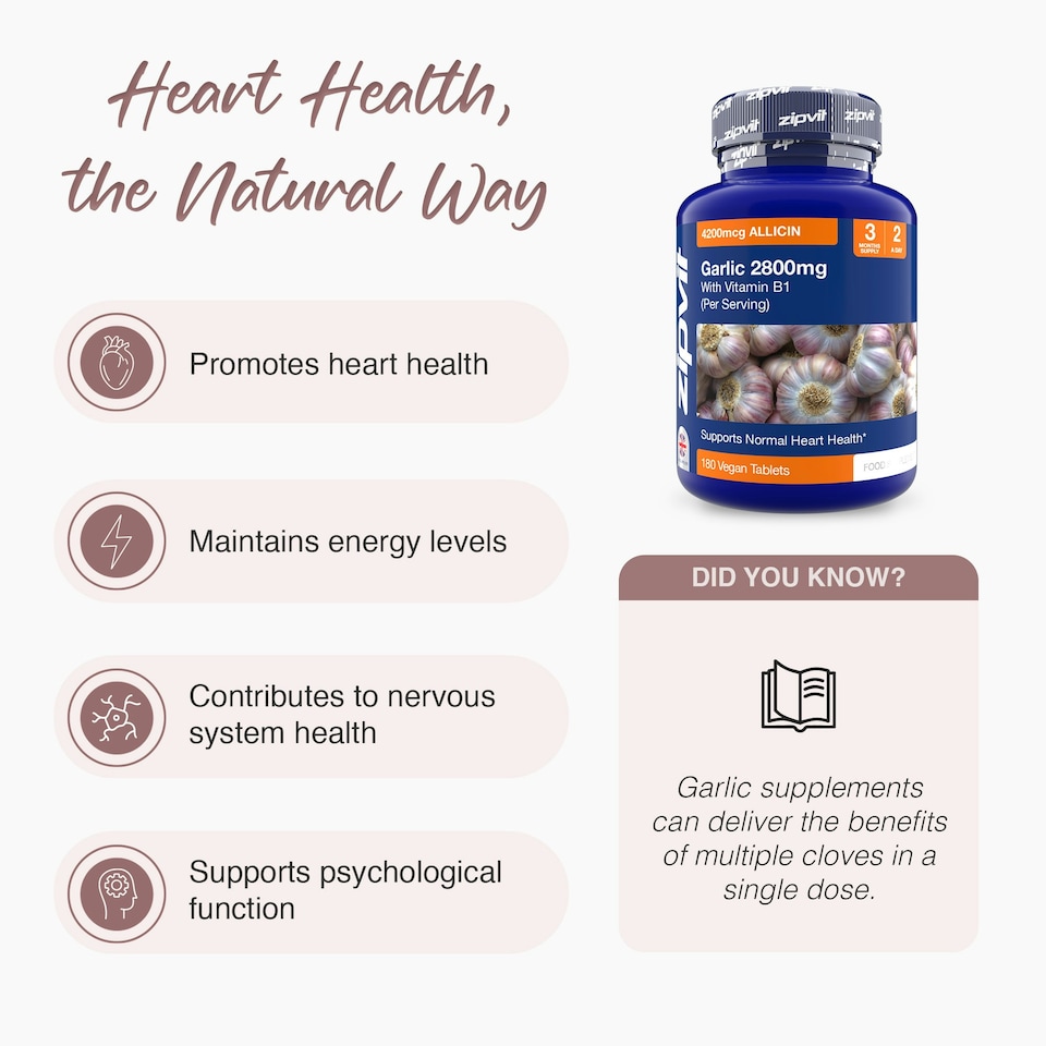 image 1 of Zipvit Garlic 2800mg with Vitamin B1, Heart & Energy Support, Provides Alliin & Allicin, 180 Vegan Tablets, 3-Month Supply