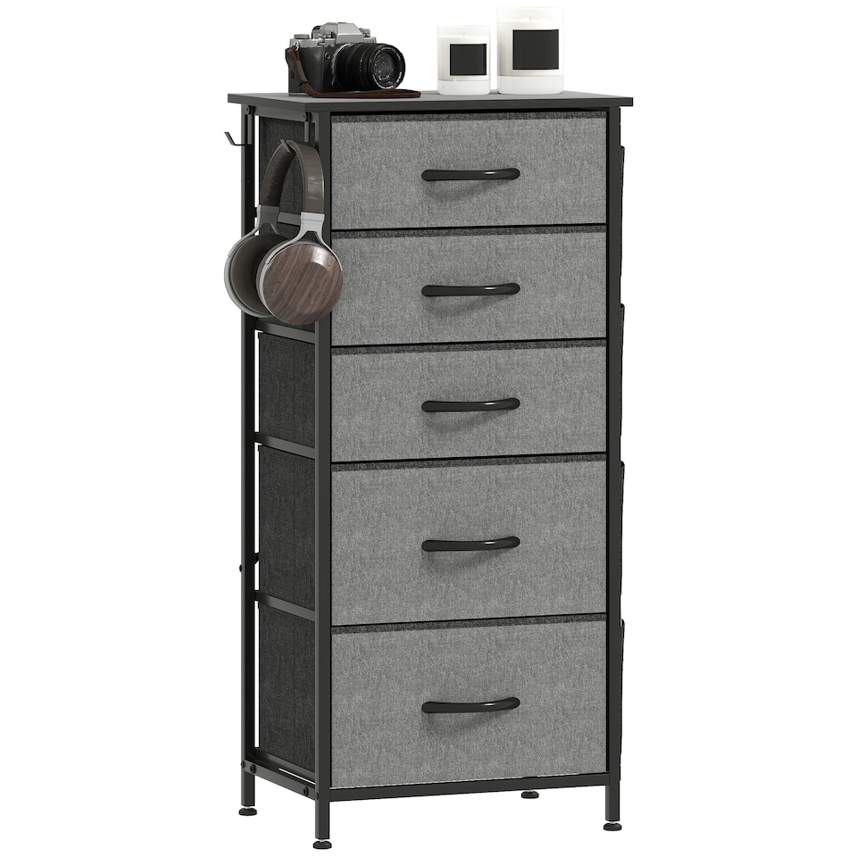 image 1 of HOMCOM Chest of Drawers, Dresser for Bedroom with 5 Fabric Drawers, Tall Storage Unit with 4 Pockets, 2 Hooks and Steel Frame for Living Room, Hallway, Charcoal Grey | Grey | Charcoal grey