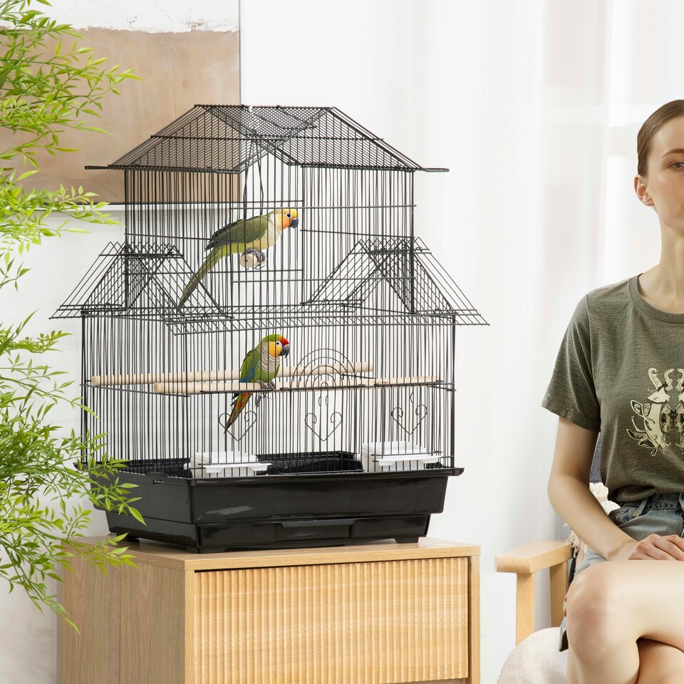 image 1 of PawHut Metal Bird Cage Small w/ Perch Food Container Handle for Finch Canary