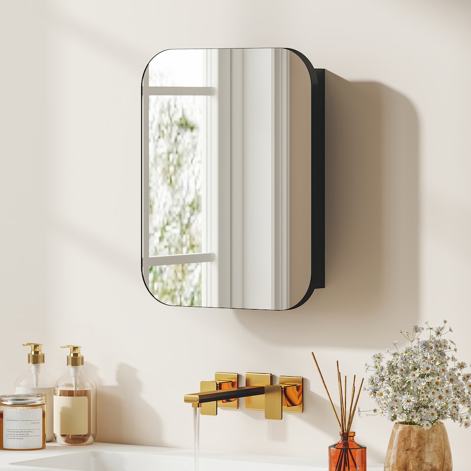 image 1 of HOMCOM Wall Mounted Bathroom Cabinet with Mirror Adjustable Shelves | Black | Black | 40.2 x 10.2 x 50.9 cm