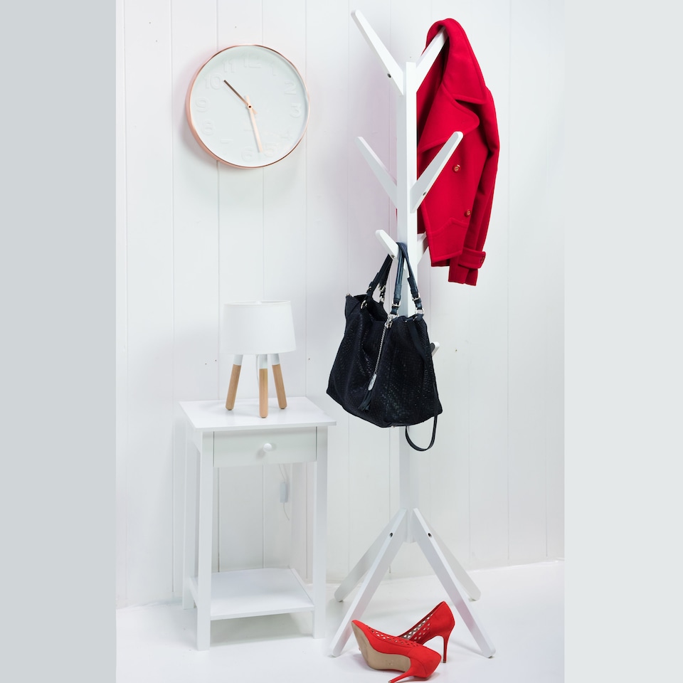 image 1 of Hampton White Wooden Freestanding Hat and Coat Stand, Rack, Tree with 8 Hooks | White | One Size