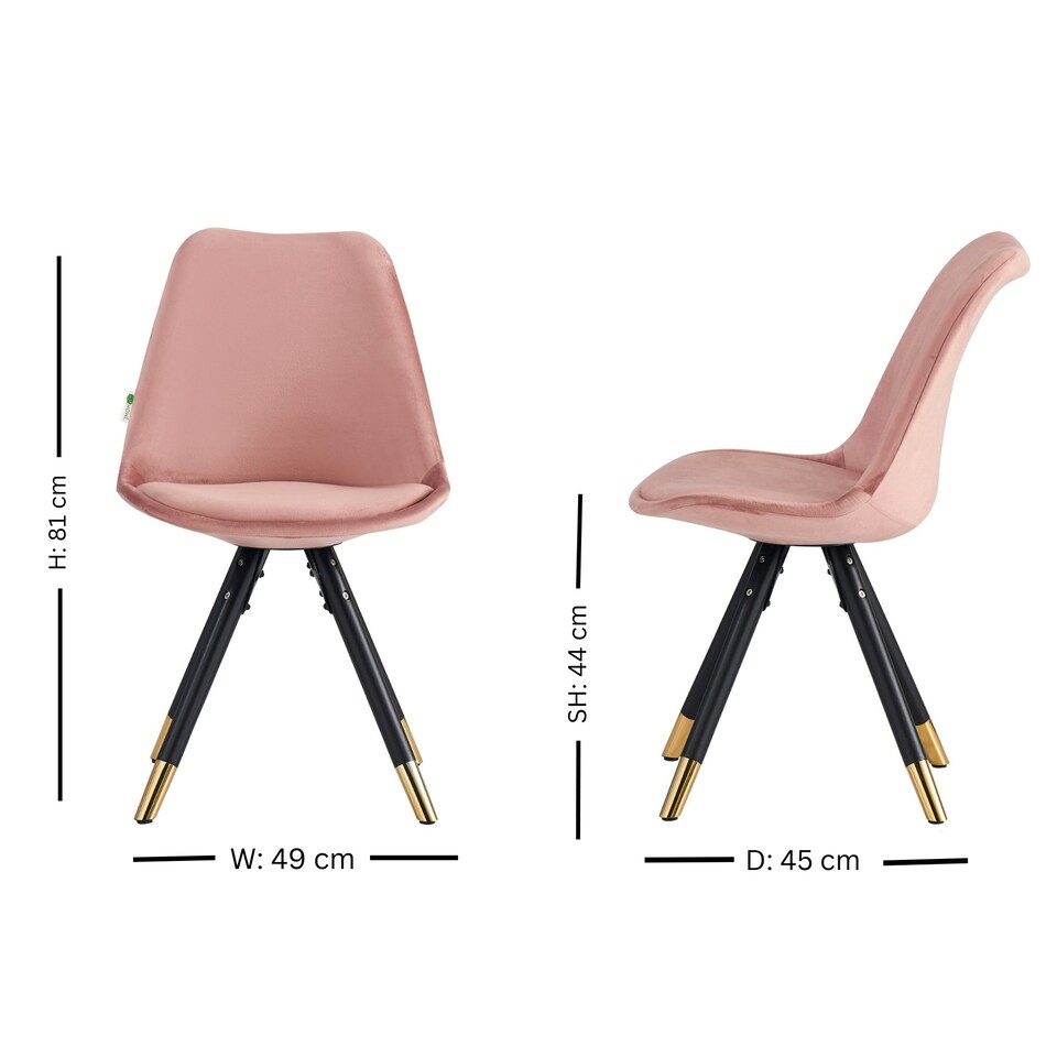 image 1 of Set of 2 Sofia Ergonomic Modern Dining Chairs Upholstered in Velvet, Metal Legs with Gold End Tips Pink