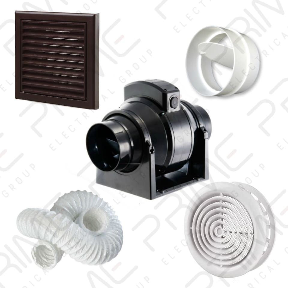 Manrose MF100T In-Line Timer Fan 100mm/4", 6m Flex Duct, White Internal grille, Brown external grille and backdraught shutter
