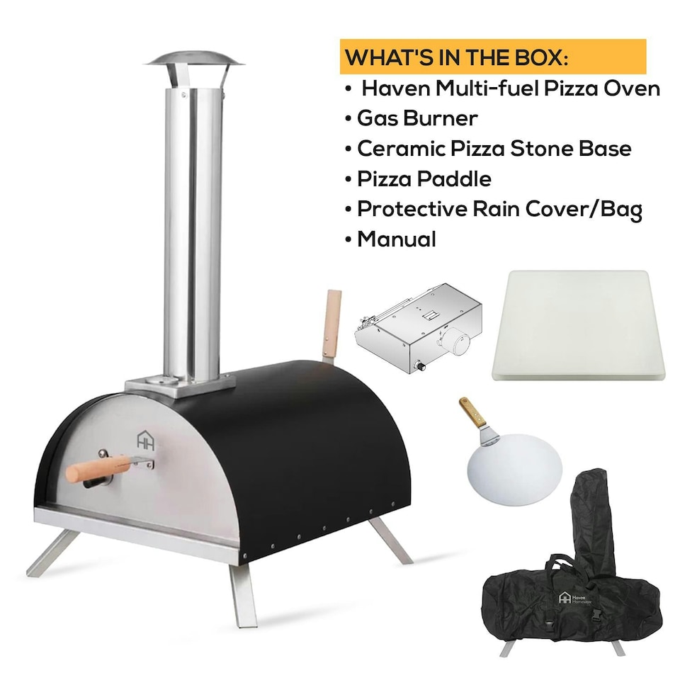 image 1 of Haven Gas & Wood Fuel Pizza Oven Built-in Thermometer & Pizza Paddle - Black/Silver