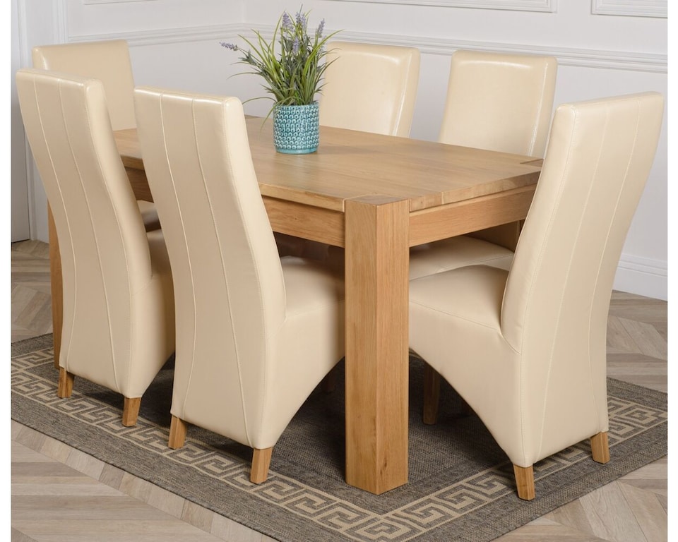 image 1 of Kuba 150 x 85 cm Chunky Medium Oak Dining Table and 6 Lola Leather Chairs | Cream | Cream