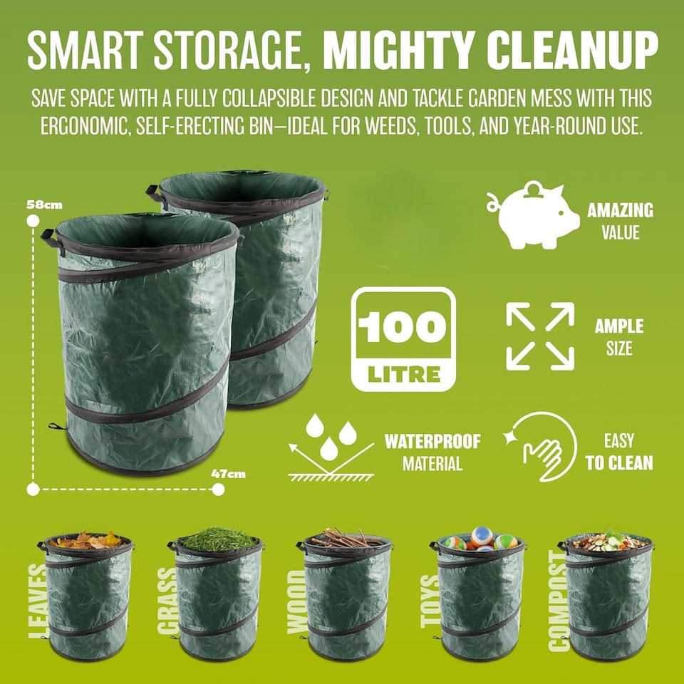 image 1 of 100l Pop Up Large Garden Waste Bag Heavy Duty Garden Sacks Storage Diy