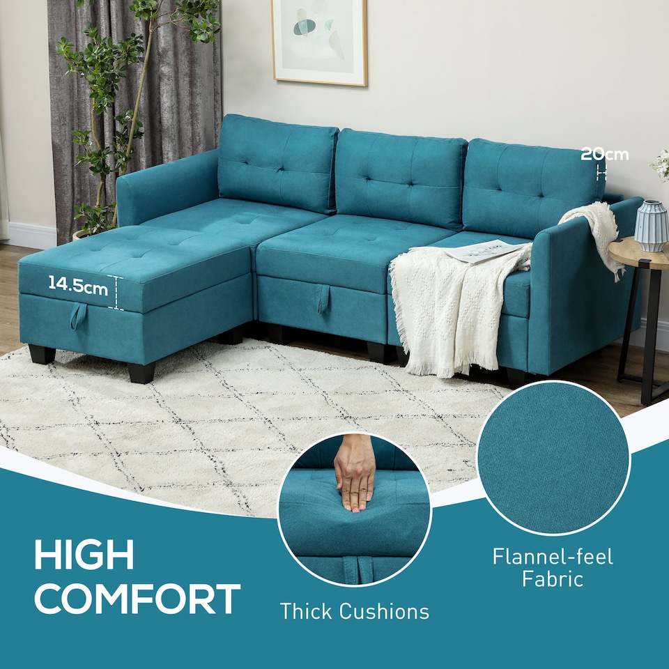 image 1 of HOMCOM Convertible Modular Sectional Sofa with Storage, Tufted 3 Seater Sofa Set, L Shaped Couch with Ottoman, Wood Frame for Living Room, Light Blue | Blue | One Size