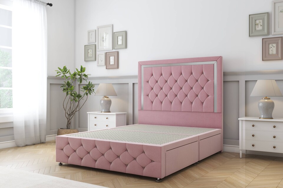 image 1 of Sloomy Sofia Chrome Pink Plush Divan Bed Base No Drawers With 26 Inch Strutted Headboard & 12 Inch Matching Footboard | Pink | Pink | Small Double | 1