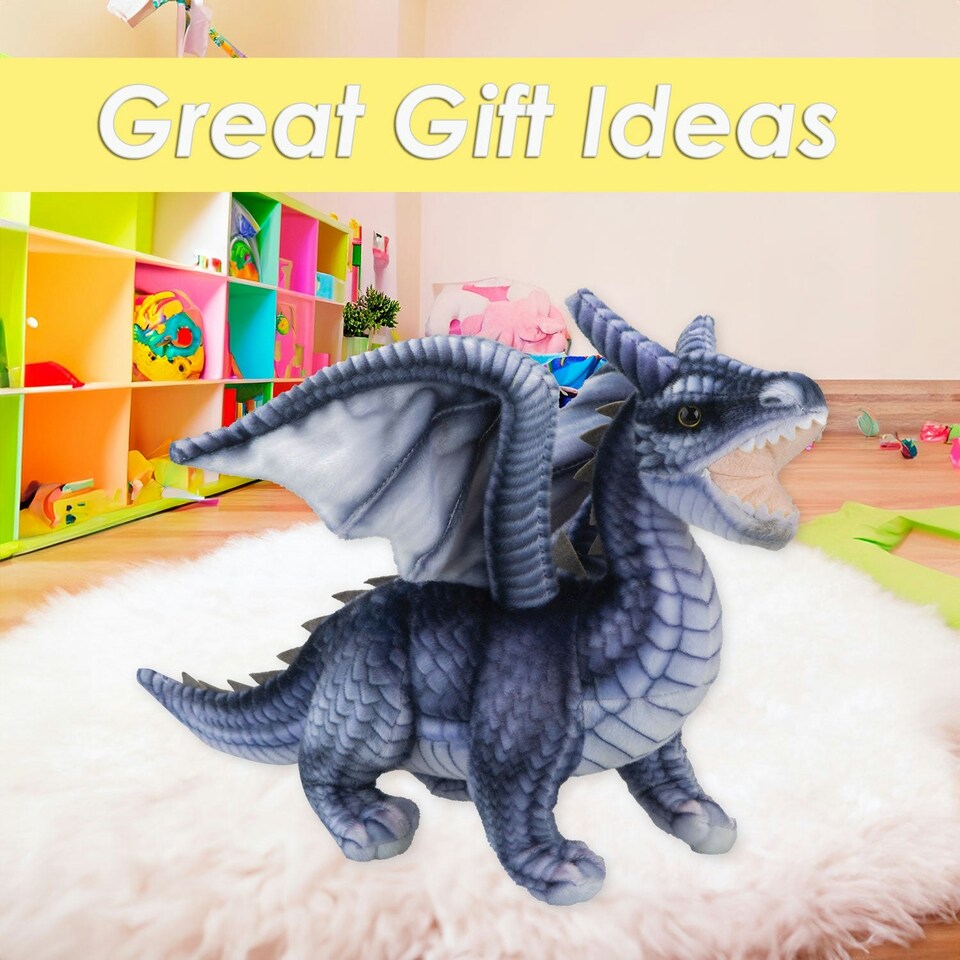 image 1 of Dragon Grey Soft Toy Realistic Looking Dragon Plushe Cuddly Fantasy 25cm Grey