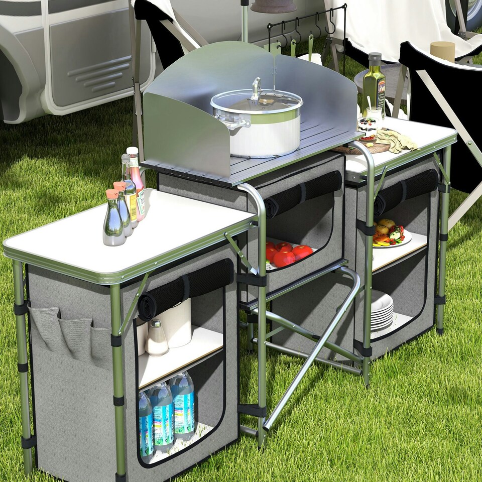 image 1 of Outsunny Portable Folding Camping Kitchen with Windshield Light Stand Carry Bag