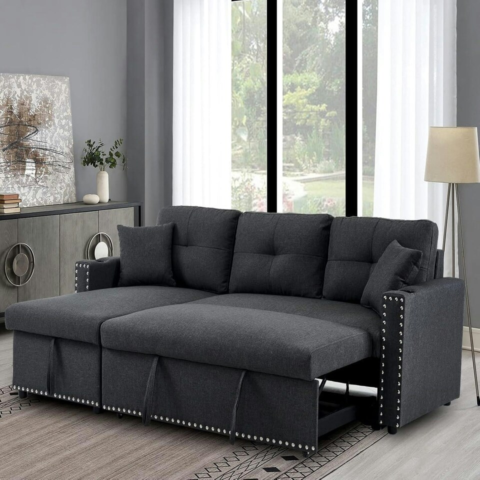 image 1 of Sofabed 3 Seater Reversible Sectional Sofa Sleeper Set with Storage Chaise, Built-in Cupholder, Decorative Rivets, Pull-out Bed, and Dark Grey Fabric Grey