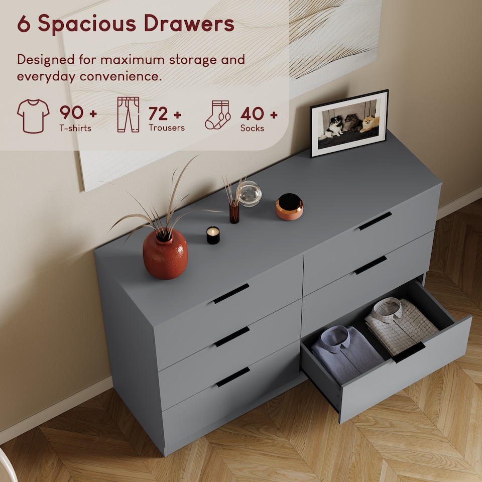 image 1 of Vida Designs Trega 6 Drawer Chest of Drawers Bedroom Furniture Clothing Storage Unit - Grey