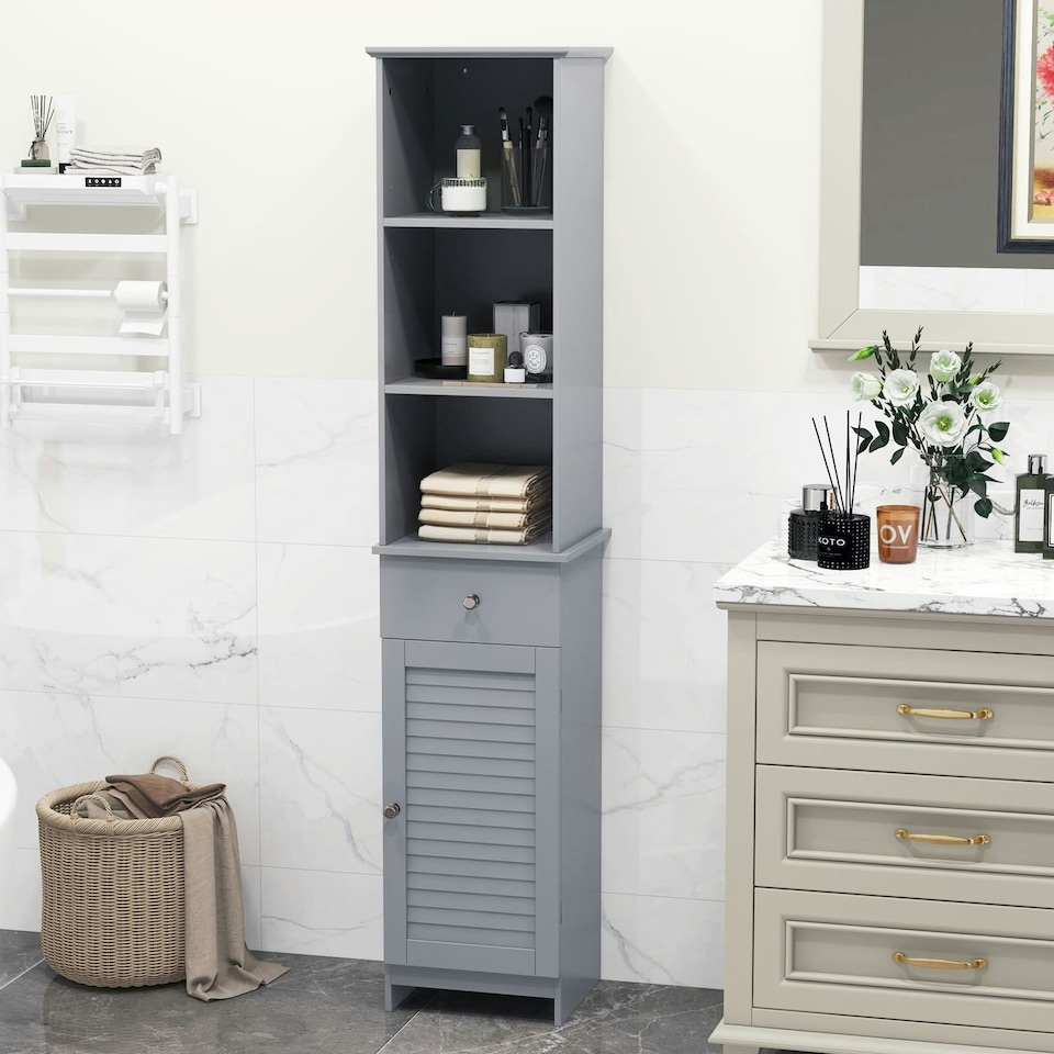 image 1 of COSTWAY Bathroom Storage Cabinet with 3 Open Shelves Grey | Grey | 1