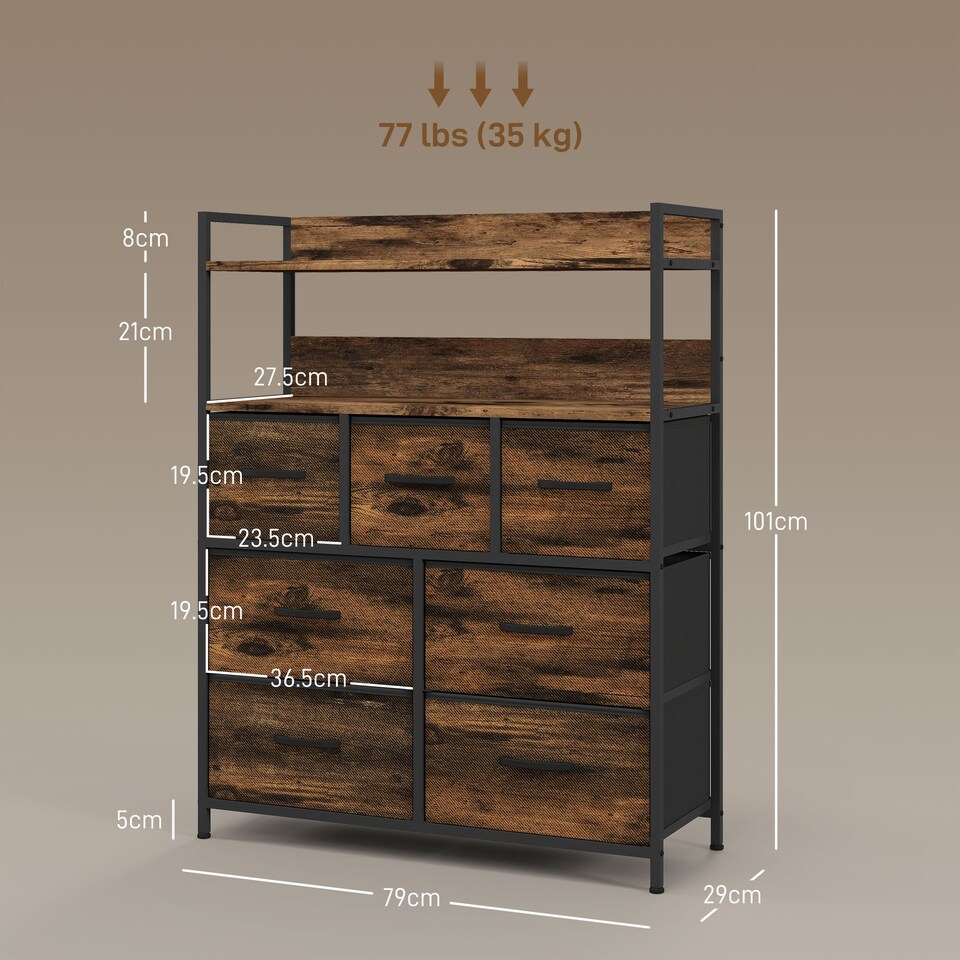 image 1 of HOMCOM Bedroom Chest of Drawers 7 Drawer Dresser w/ Shelves, Rustic Brown
