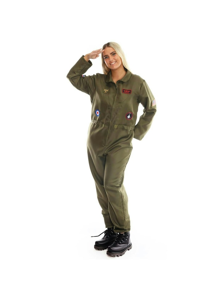 image 1 of Men's Aviator Fighter Pilot Costume – Military Jumpsuit with Patches & Zipper Front | Multi | XL