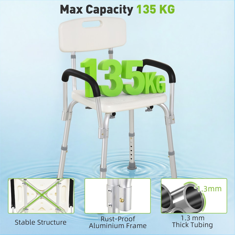 image 1 of HOMCOM Light Weight Aluminum Shower Bench Portable Lift Chair w/ Back & Armrest