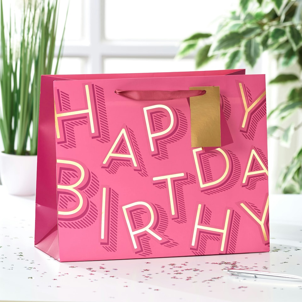 image 1 of Pink Happy Birthday Text Large Gift Bag - Pack of 3