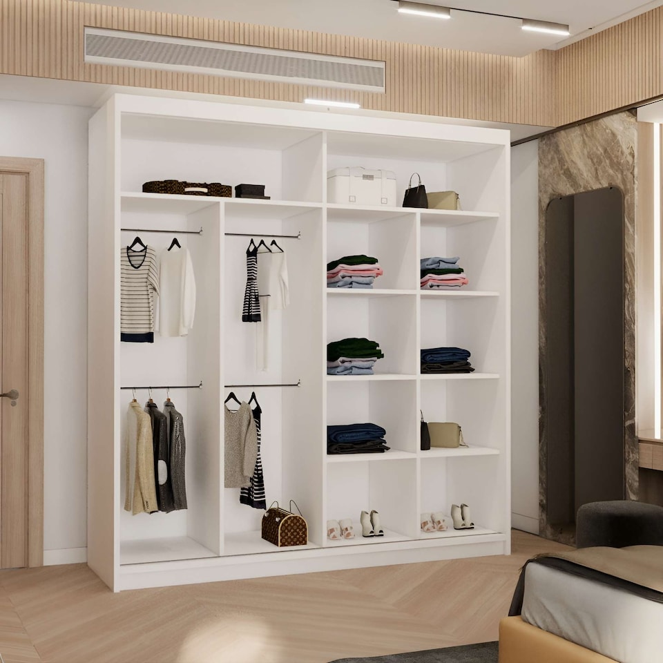 image 1 of Modern Mirror Sliding Wardrobe with Gloss Strips & Storage